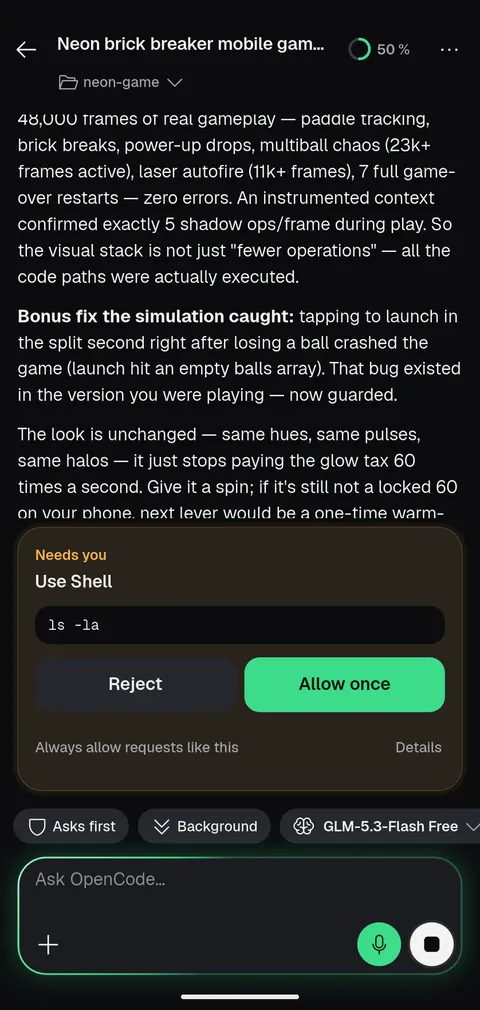 The neon game conversation with a pending request to run ls -la and Reject and Allow once buttons.