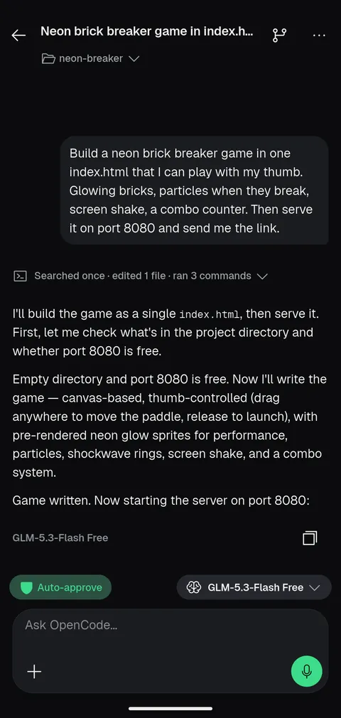 A conversation where the user asks for a neon brick-breaker game and the agent writes it, with the Auto-approve chip and the free GLM-5.3-Flash model selected.