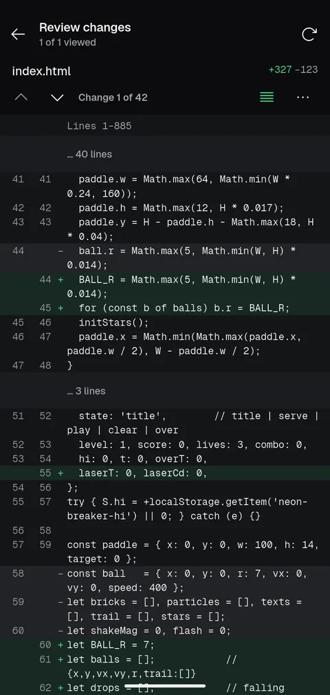 The review screen showing a code diff with added lines highlighted in green.