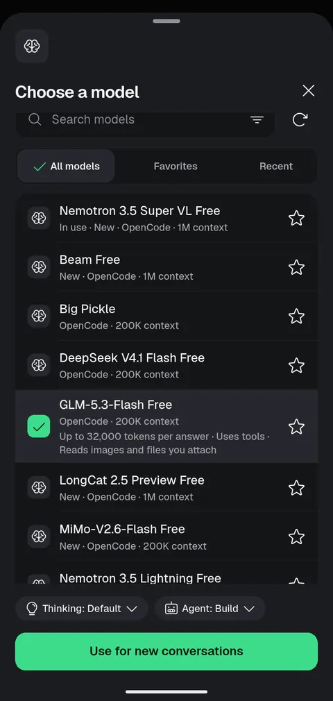 The model picker listing free OpenCode models, with GLM-5.3-Flash Free selected.
