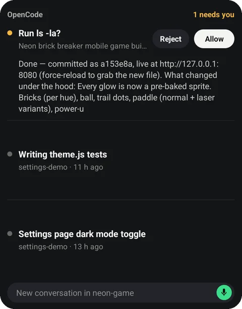 The Conversations widget on the home screen with a request, Run ls -la, with Reject and Allow buttons above the other conversations.