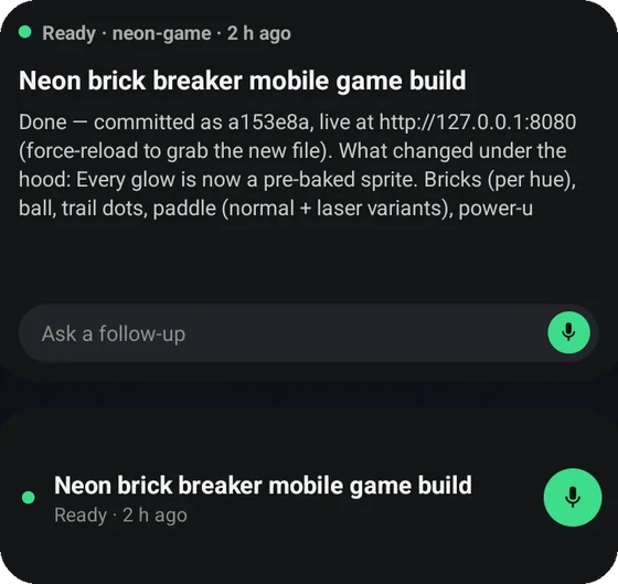 A wide widget and a strip widget both showing the neon brick breaker game build as ready, with a follow-up box and microphone button.